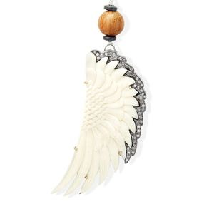 Diamond & Bone Angel Wing on Wood & Hematite